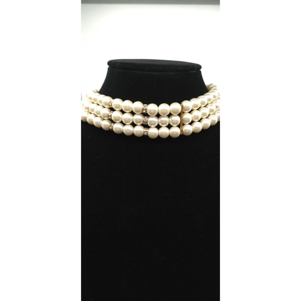 Elegant Multi Strand Cream Pearl Choker Necklace With Rhinestone Spacers - Picture 3 of 6